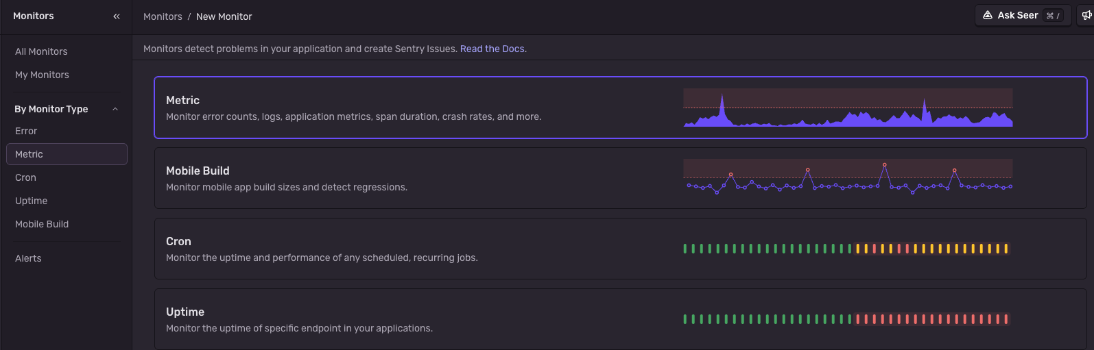 New Monitor画面（Metric / Mobile Build / Cron / Uptime）